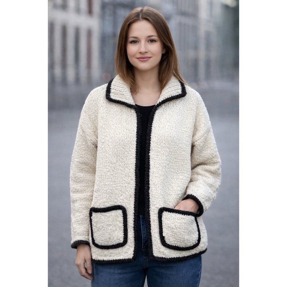 VTG/Cozy Amano 💯 Wool Cable Knit Zip Up Cardigan Sweater One Size Beige/Brown🤎